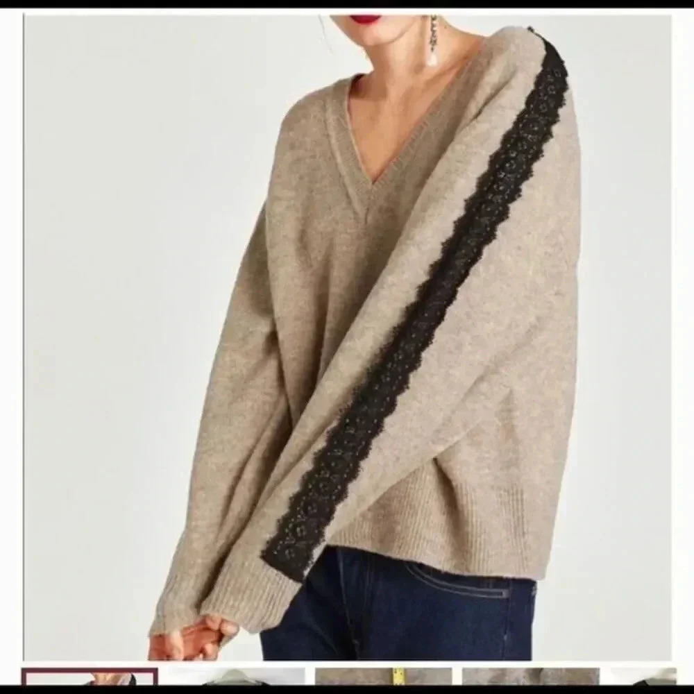 Zara Black Lace Trim Oversized V.neck sweater